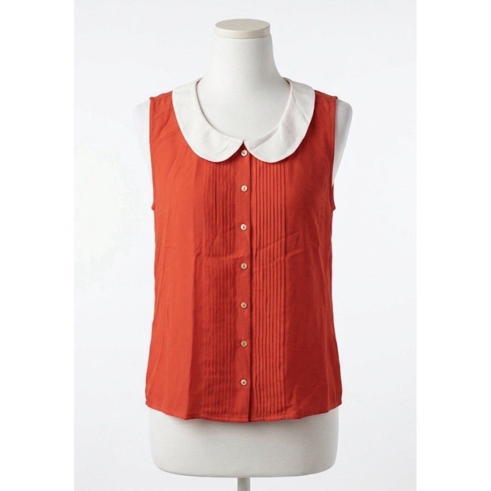Vintage Style Red Chiffon Peter Pan Collar Blouse Whimsy Pleated sleeveless S